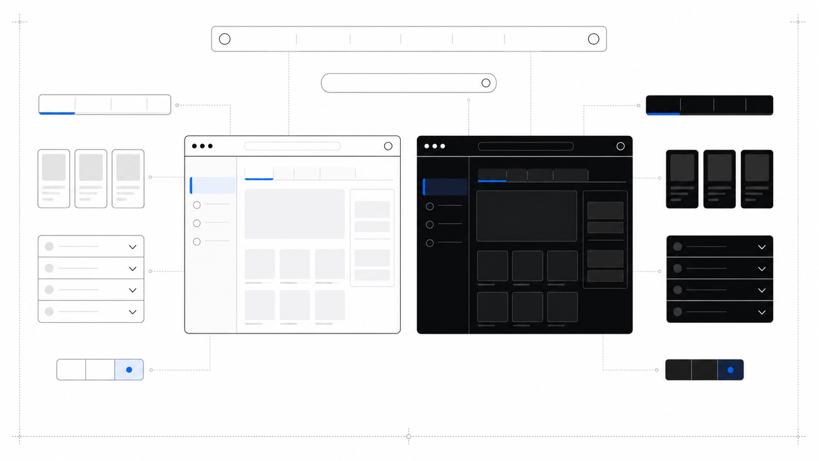 A grid of light and dark themed UI components — buttons
