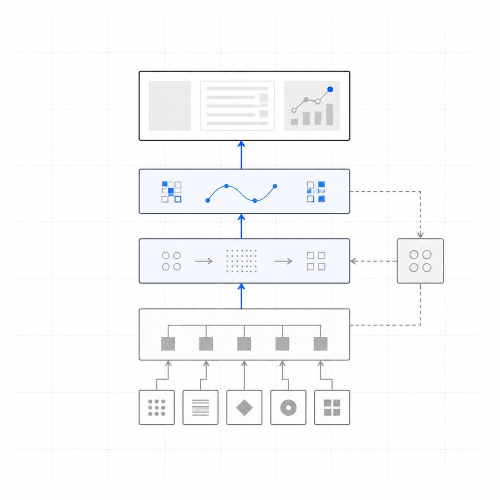 Layered building blocks connecting content sources