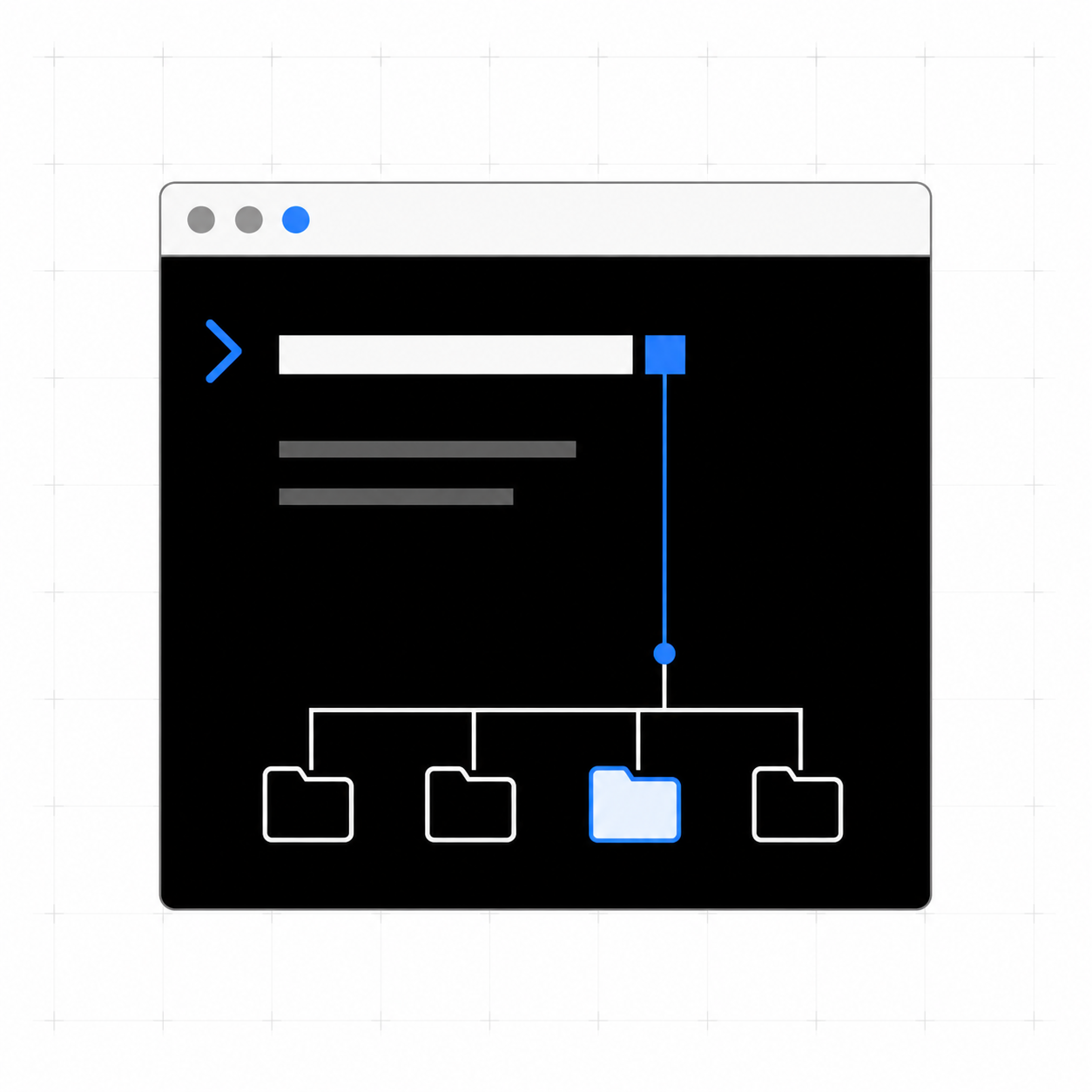 A terminal-style browser window with a command palette and a folder navigation tree