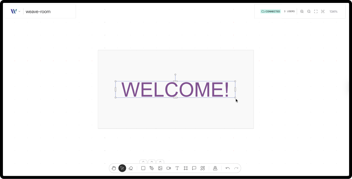 A Weave.js room with a text node selected on the canvas.