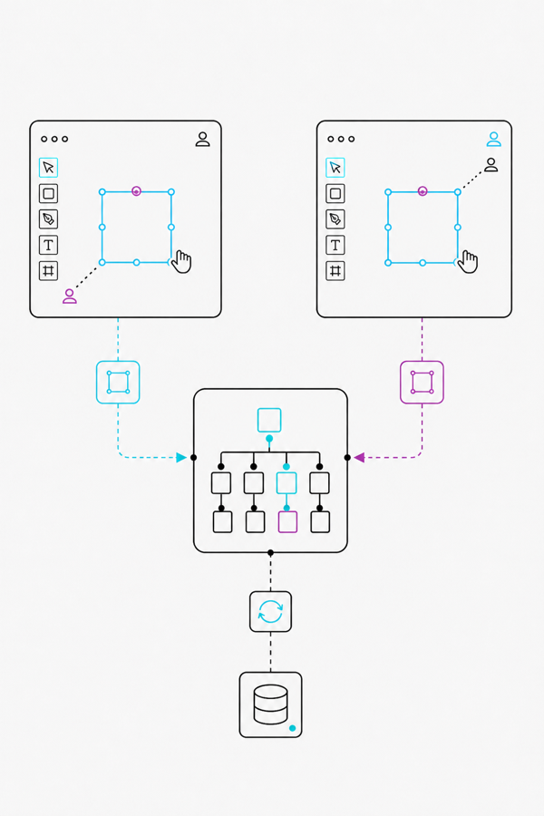 Two collaborative canvases synchronize shared node state through a central store