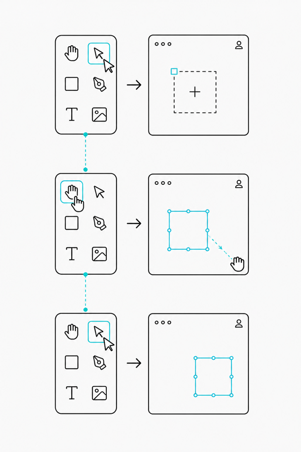 Tool selections create and move a canvas node through a sequence of actions